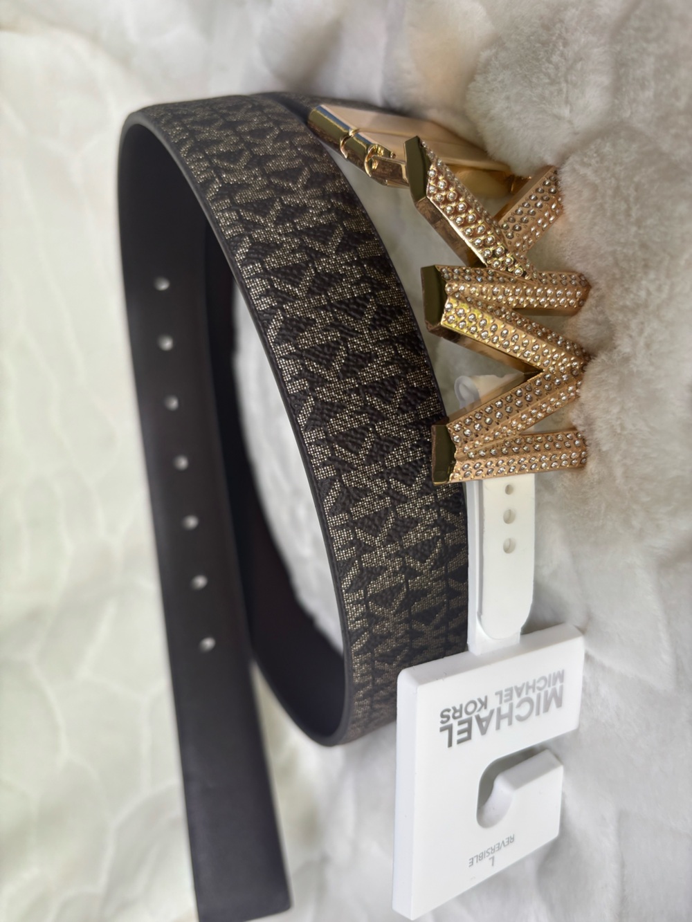 Michael Kors Reversible Monogram Belt with Gold MK Crystal Buckle - Picture 5 of 16